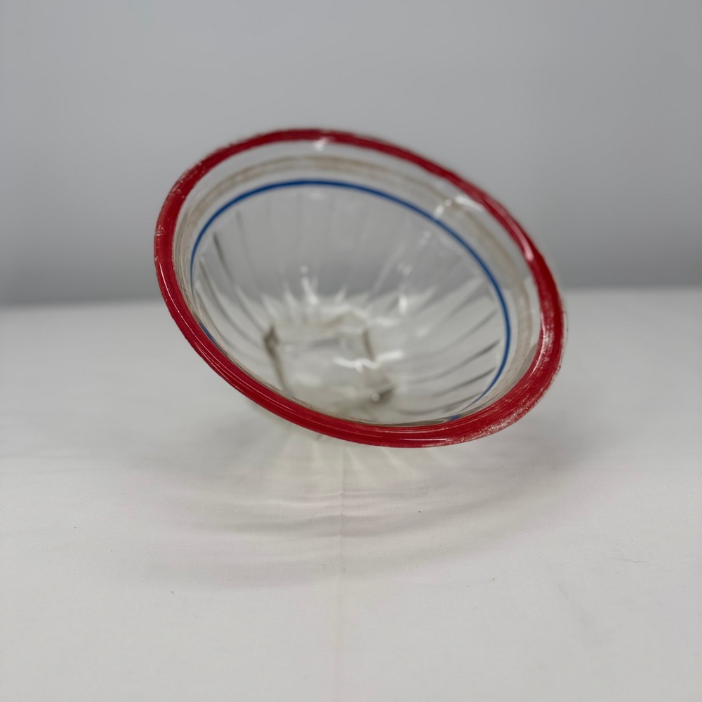 ANCHOR HOCKING VINTAGE GLASS Bowl Red Blue Stripe Clear‎ Fluted Serving Bowl 9in